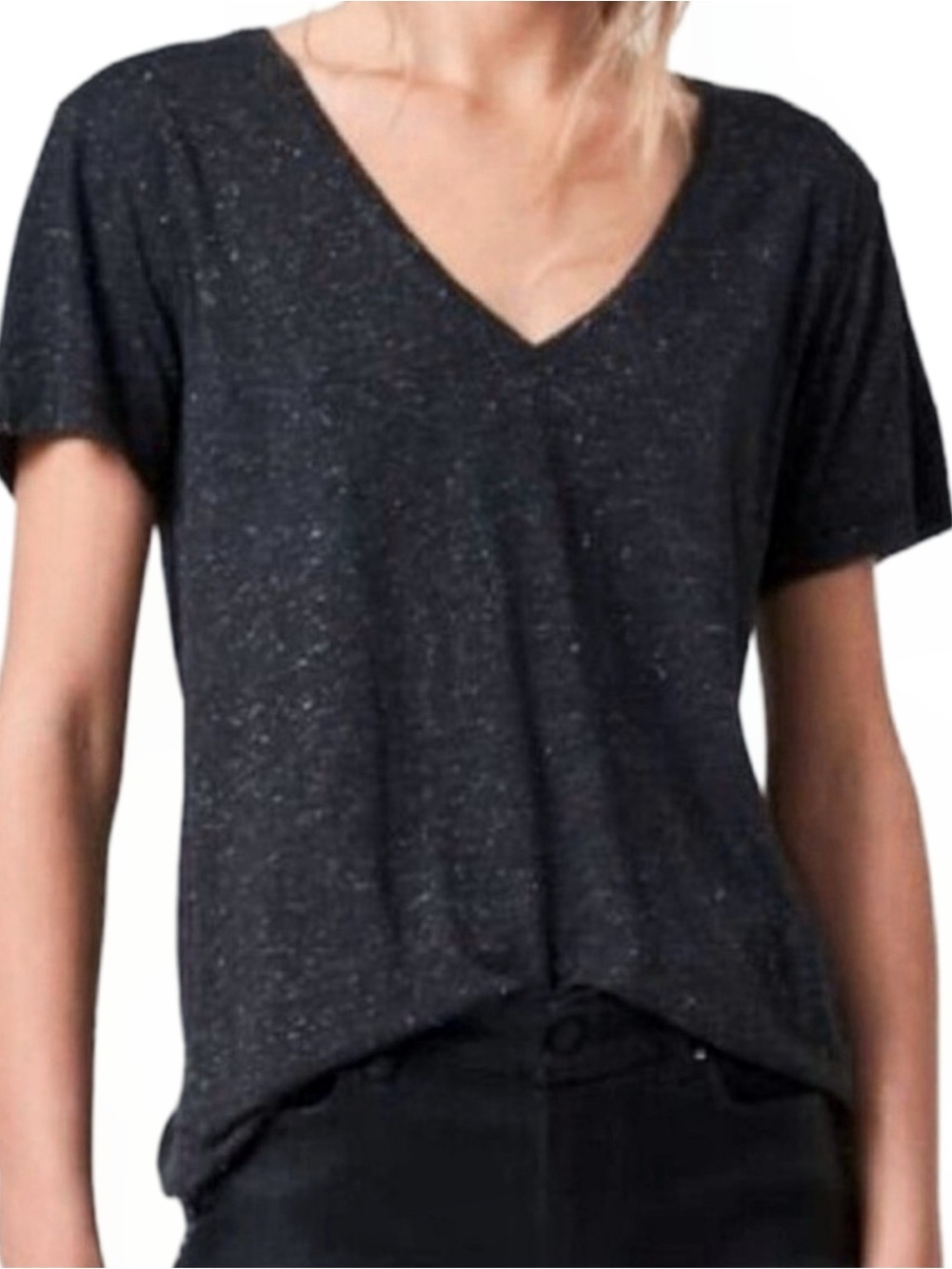 AllSaints Emelyn Shimmer V-Neck Tee — Black/Silver — Size M
